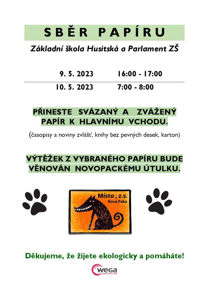 Sběr papíru 9. května od 16:00 do 17:00 a 10. května od 7:00 do 8:00. Přineste svázaný a zvážený papír k hlavnímu vchodu.